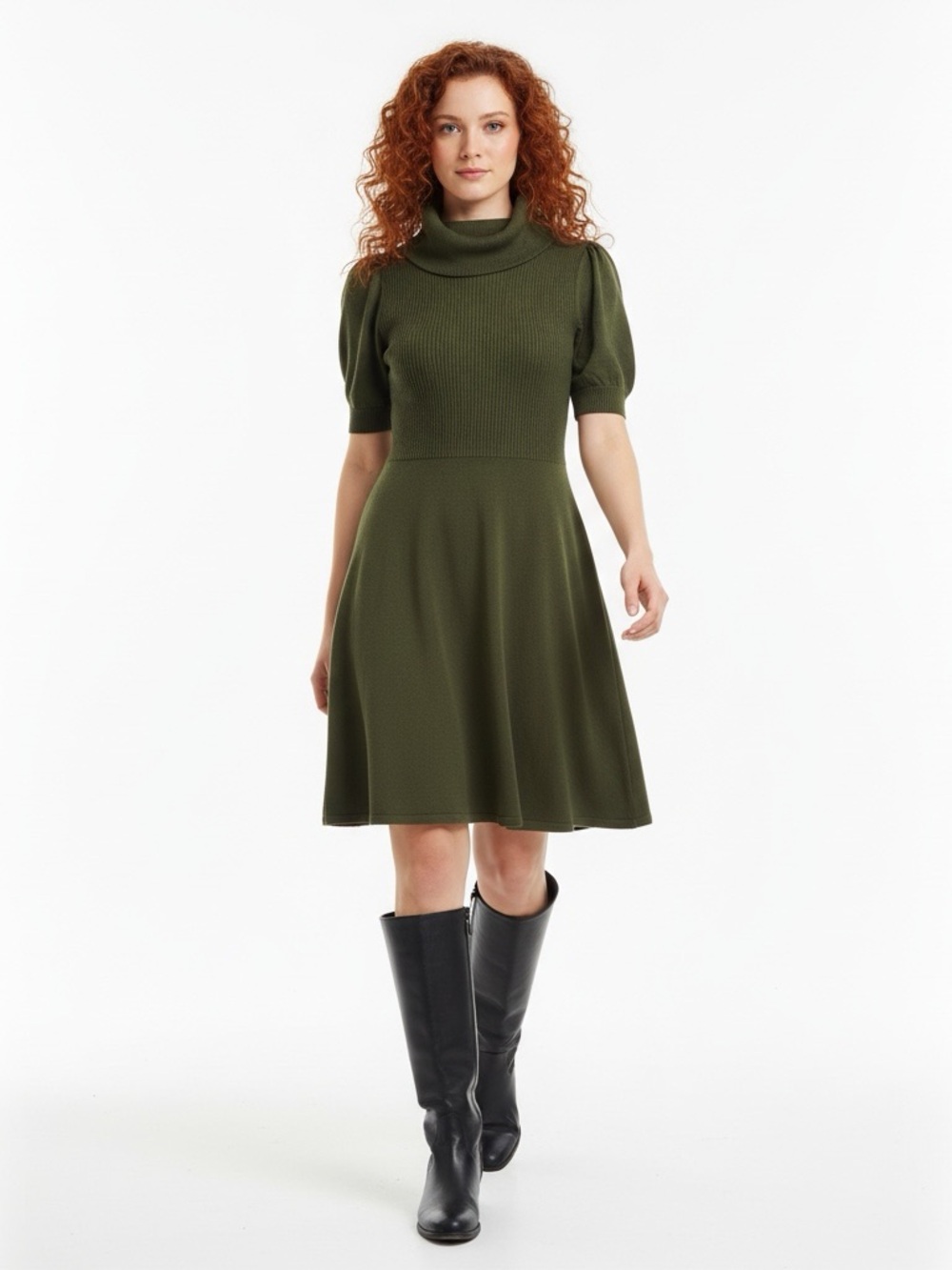 Turtleneck Olive Green Fit & Flare Knit Sweater Dress Midi Puff Cap Sleeves M